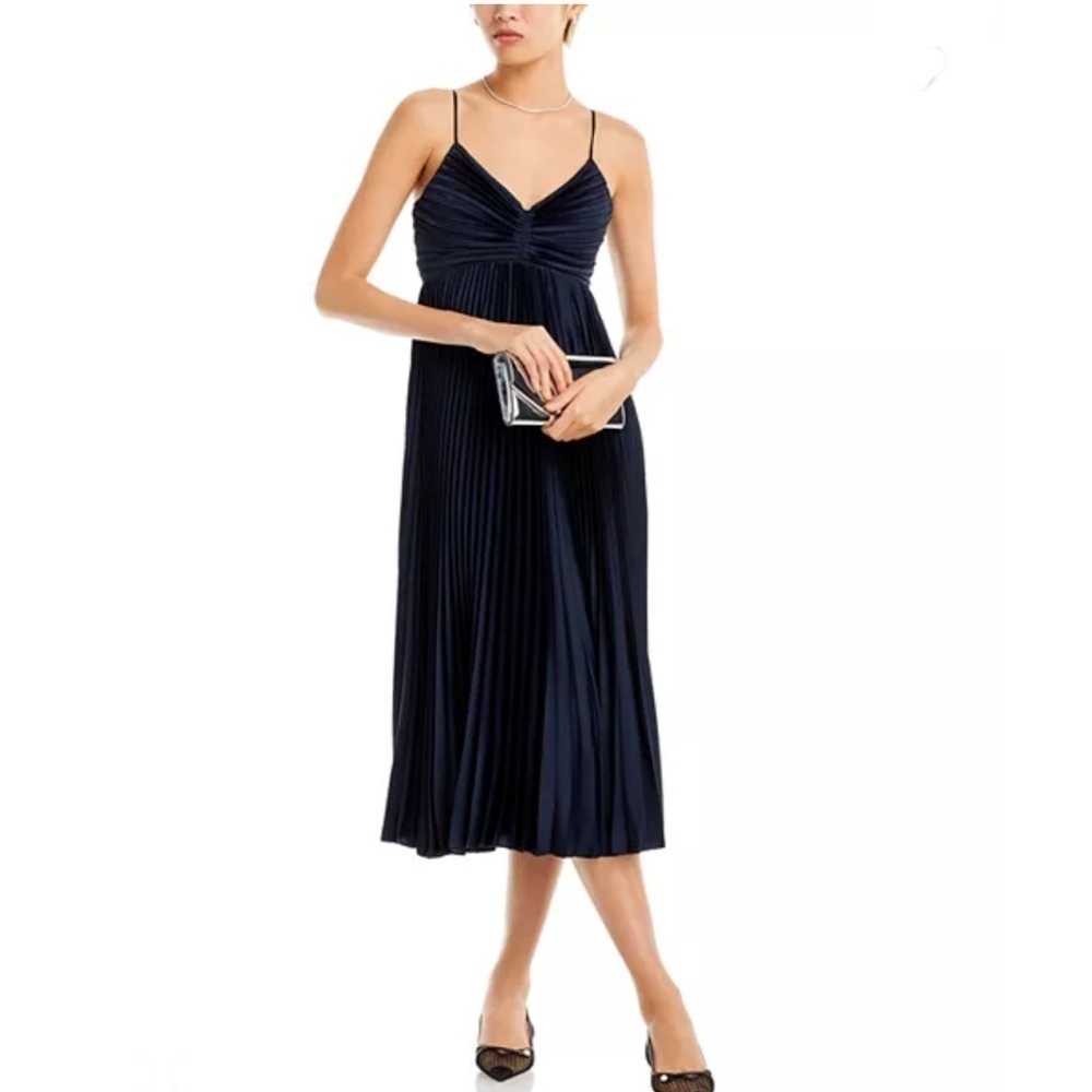 LIKELY Asra Pleated Satin Midi Dress